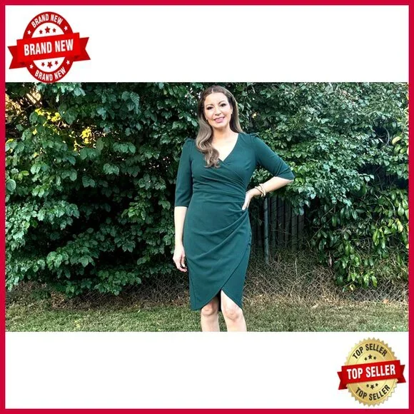 Sexy V Neck 3/4 Sleeve Faux Wrap Ruched Sheath Bodycon Party Cocktail Dress - Picture 6 of 7